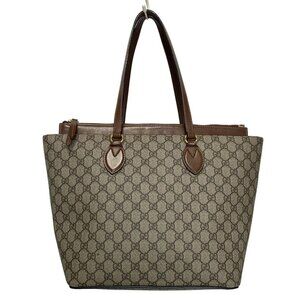 Auth GUCCI GG Supreme Canvas Tote Bag 415721 Gray Beige Brown PVC Leather -